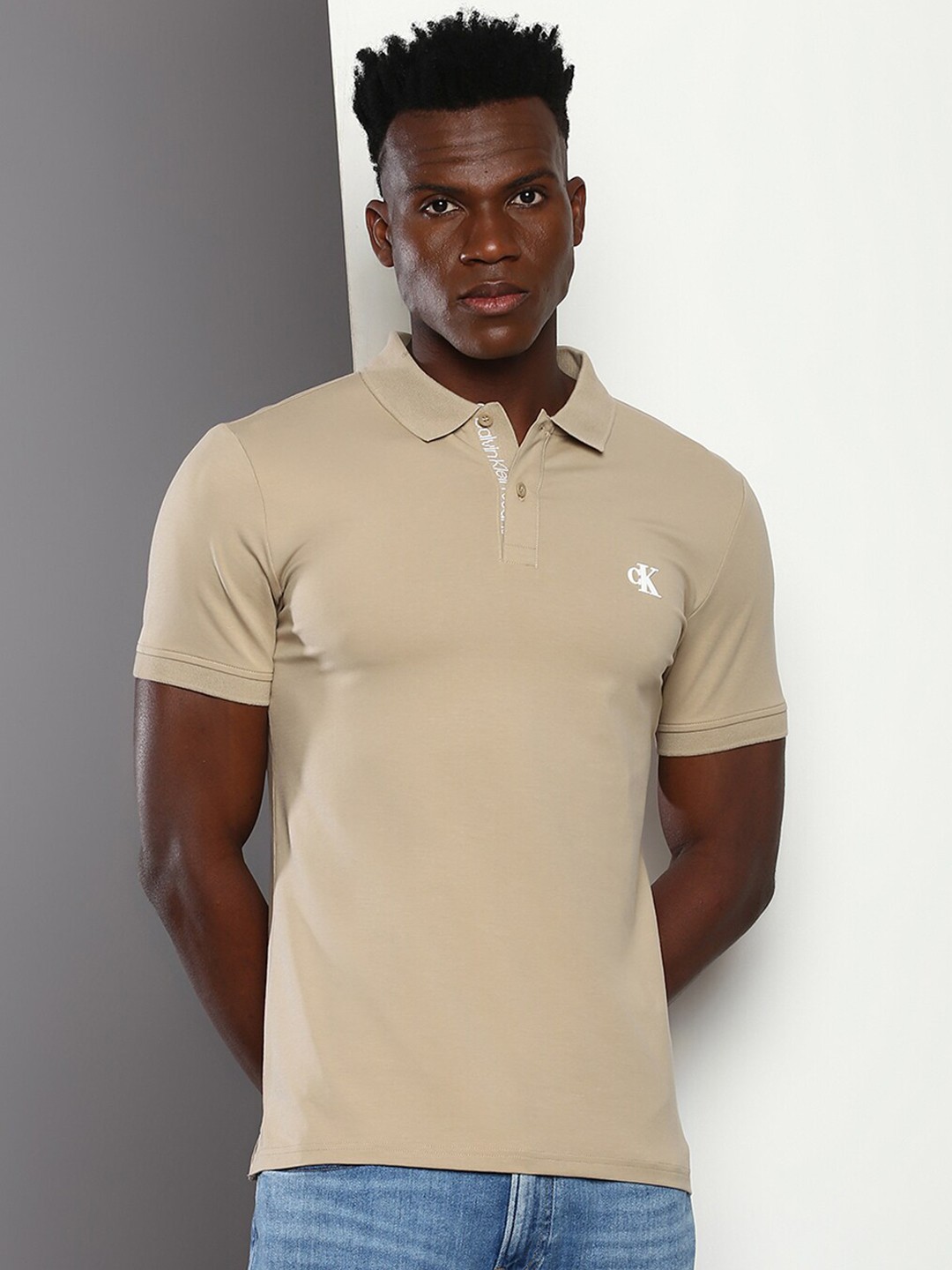 

Calvin Klein Jeans Polo Collar Short Sleeves Slim Fit T-shirt, Beige