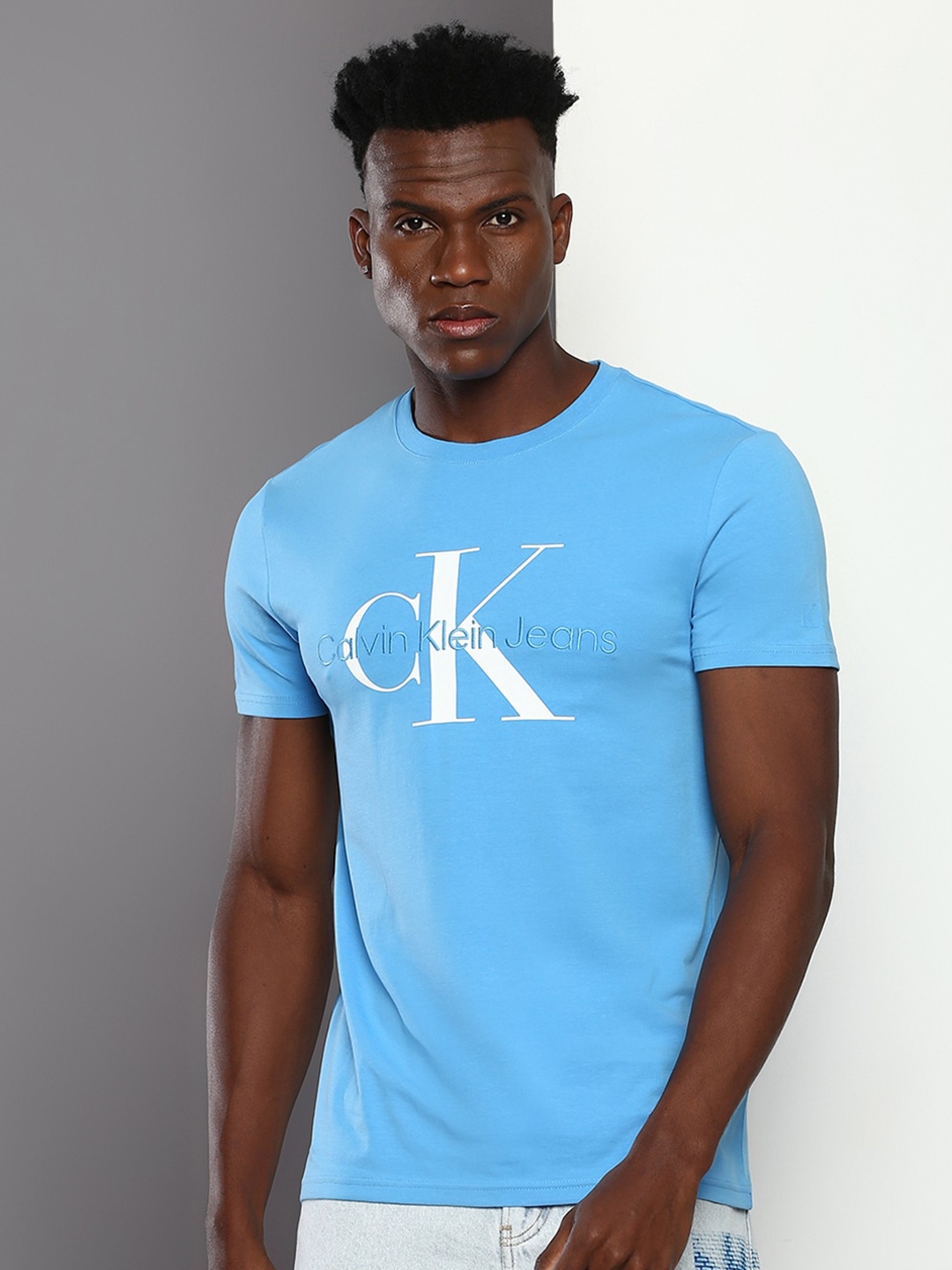 

Calvin Klein Jeans Brand Logo Printed Round Neck Slim Fit T-shirt, Blue