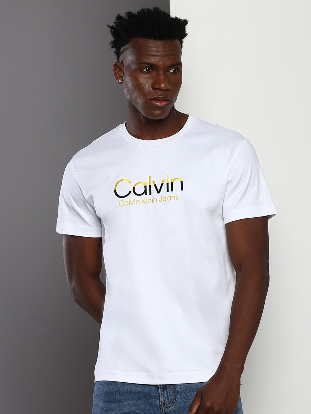 

Calvin Klein Jeans Brand Logo Embroidered Round Neck Pure Cotton T-shirt, White