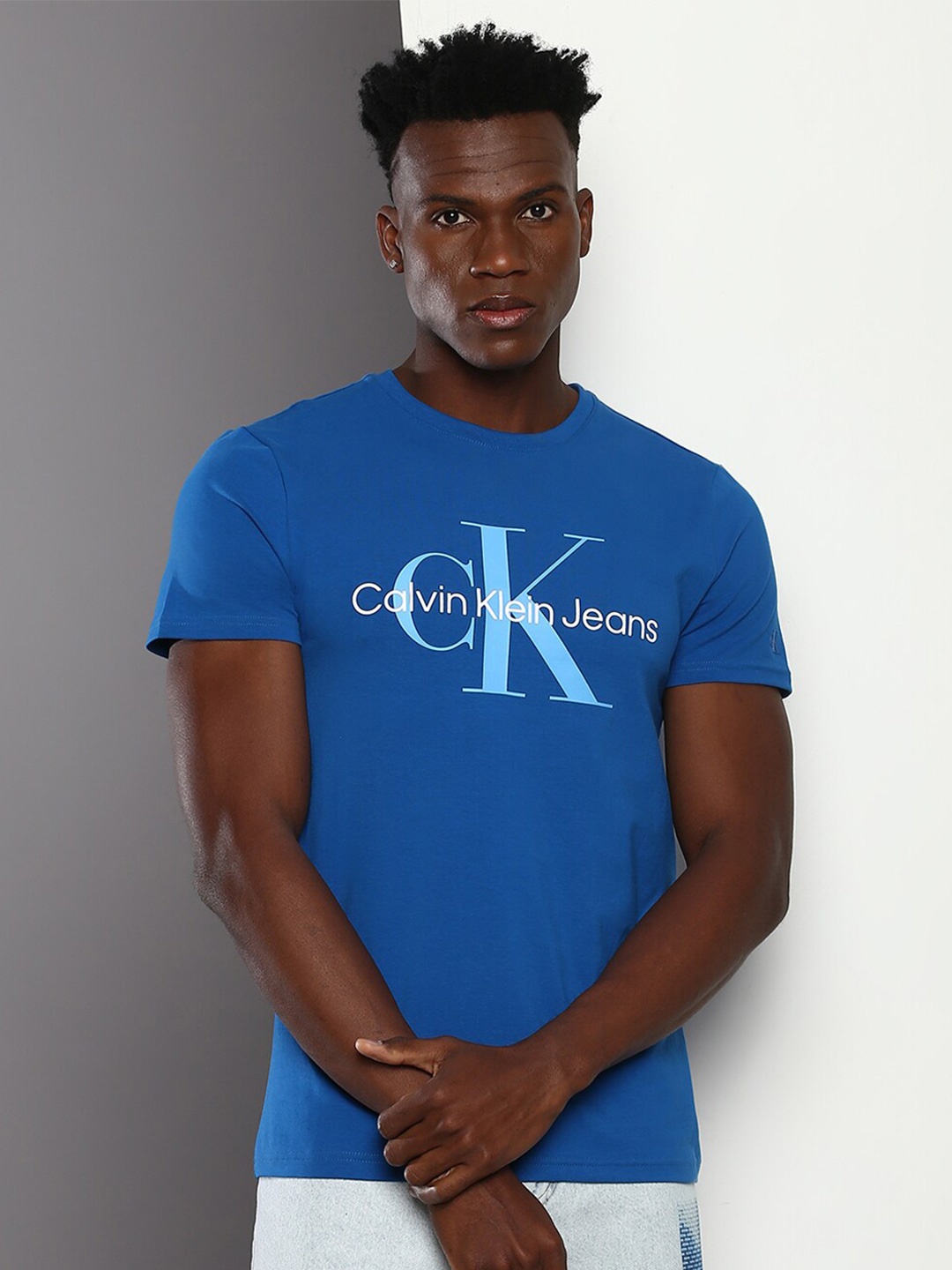 

Calvin Klein Jeans Brand Logo Printed Round Neck Slim Fit T-shirt, Blue