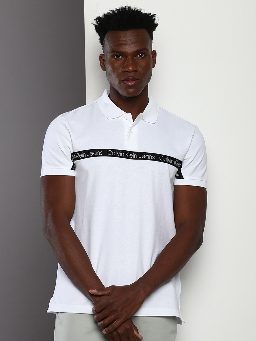 

Calvin Klein Jeans Striped Polo Collar Cotton T-shirt, White