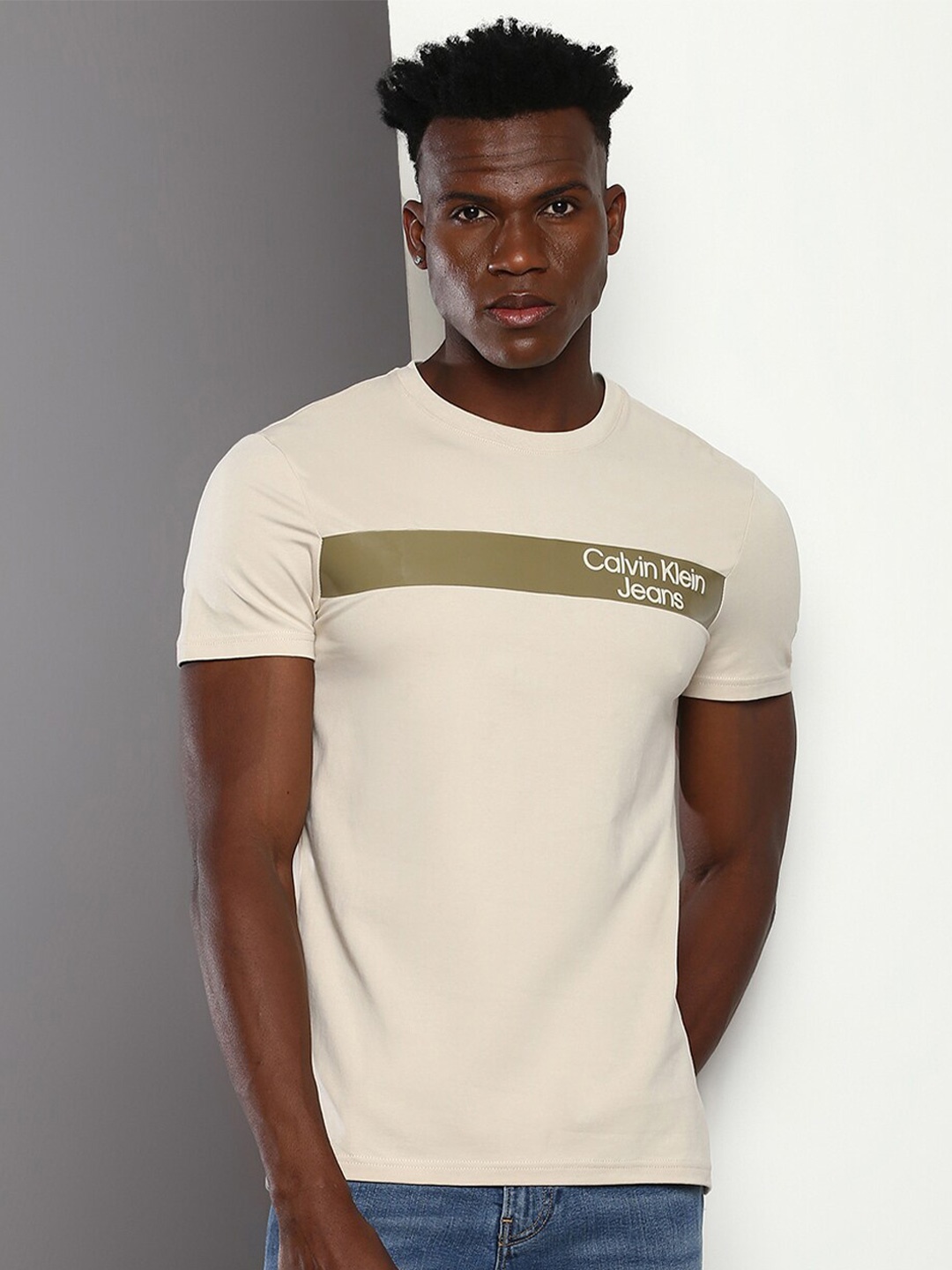 

Calvin Klein Jeans Colourblocked Slim Fit T-Shirt, Beige