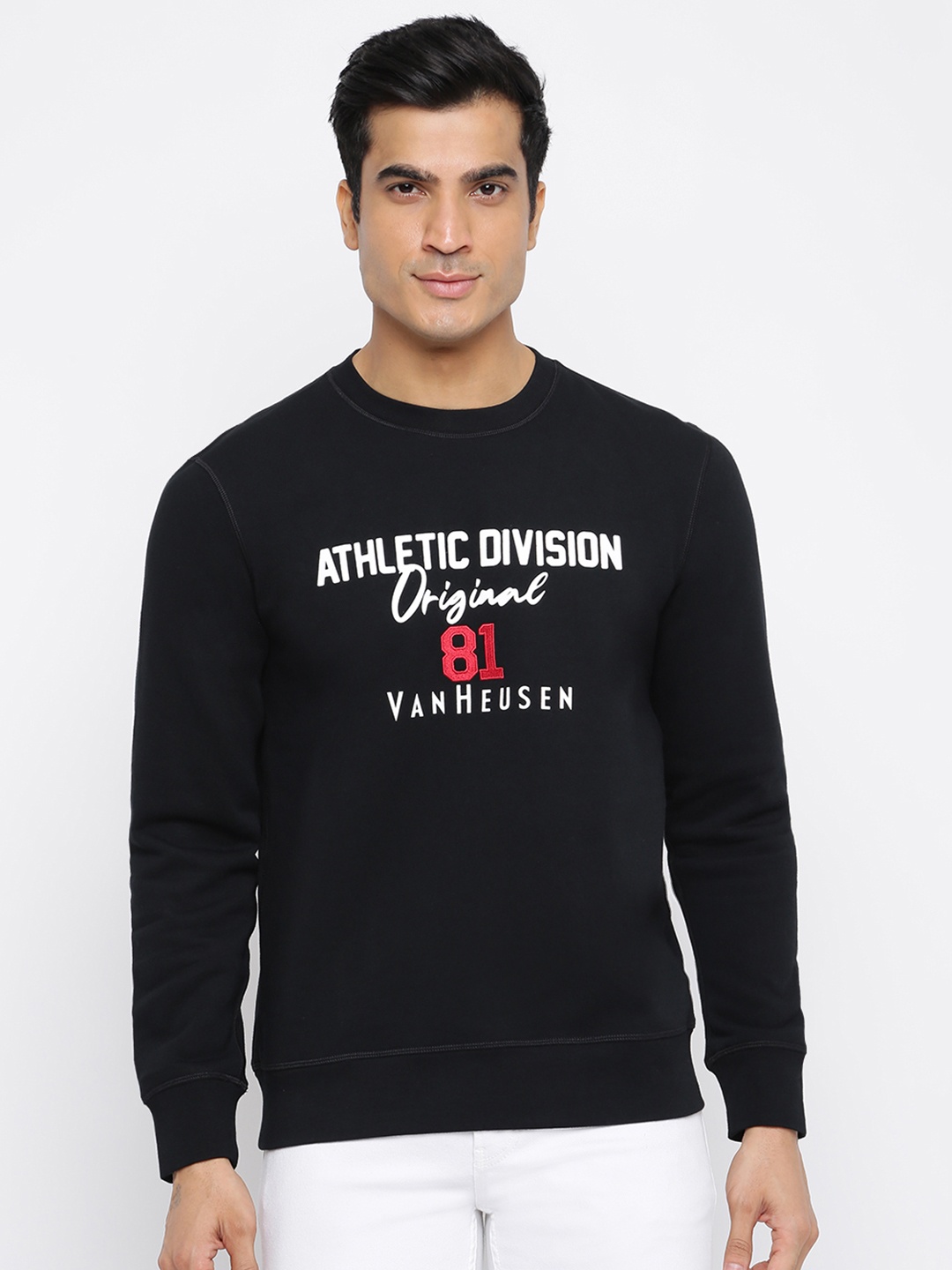 

Van Heusen Typography Printed Round Neck Long Sleeves Cotton Pullover Sweatshirt, Black