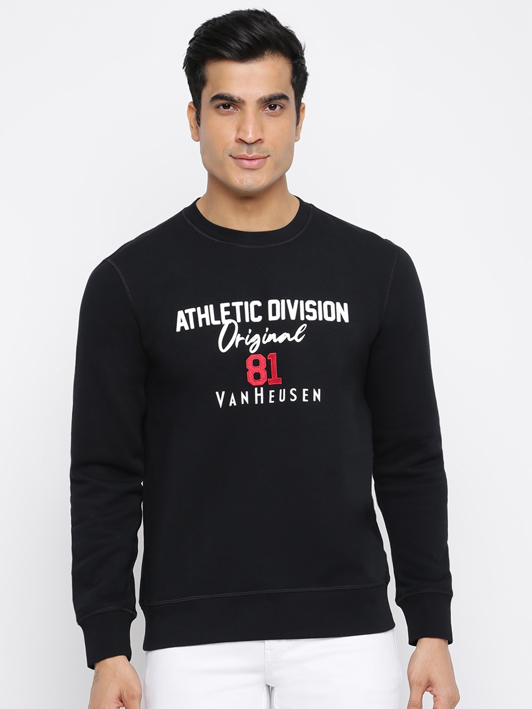 Van Heusen Athleisure Chest Print Crew Neck Long Sleeve Sweatshirt, Black