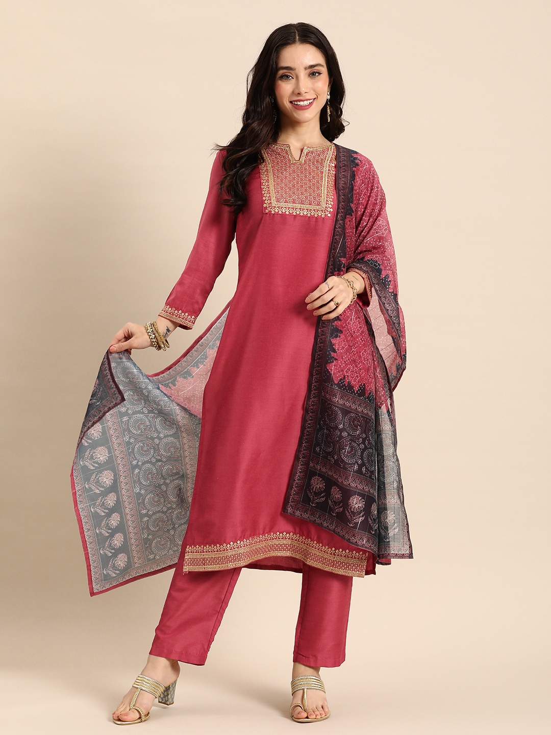 

Sangria Women Ethnic Motifs Embroidered Regular Kurta with Trousers & With Dupatta, Rose