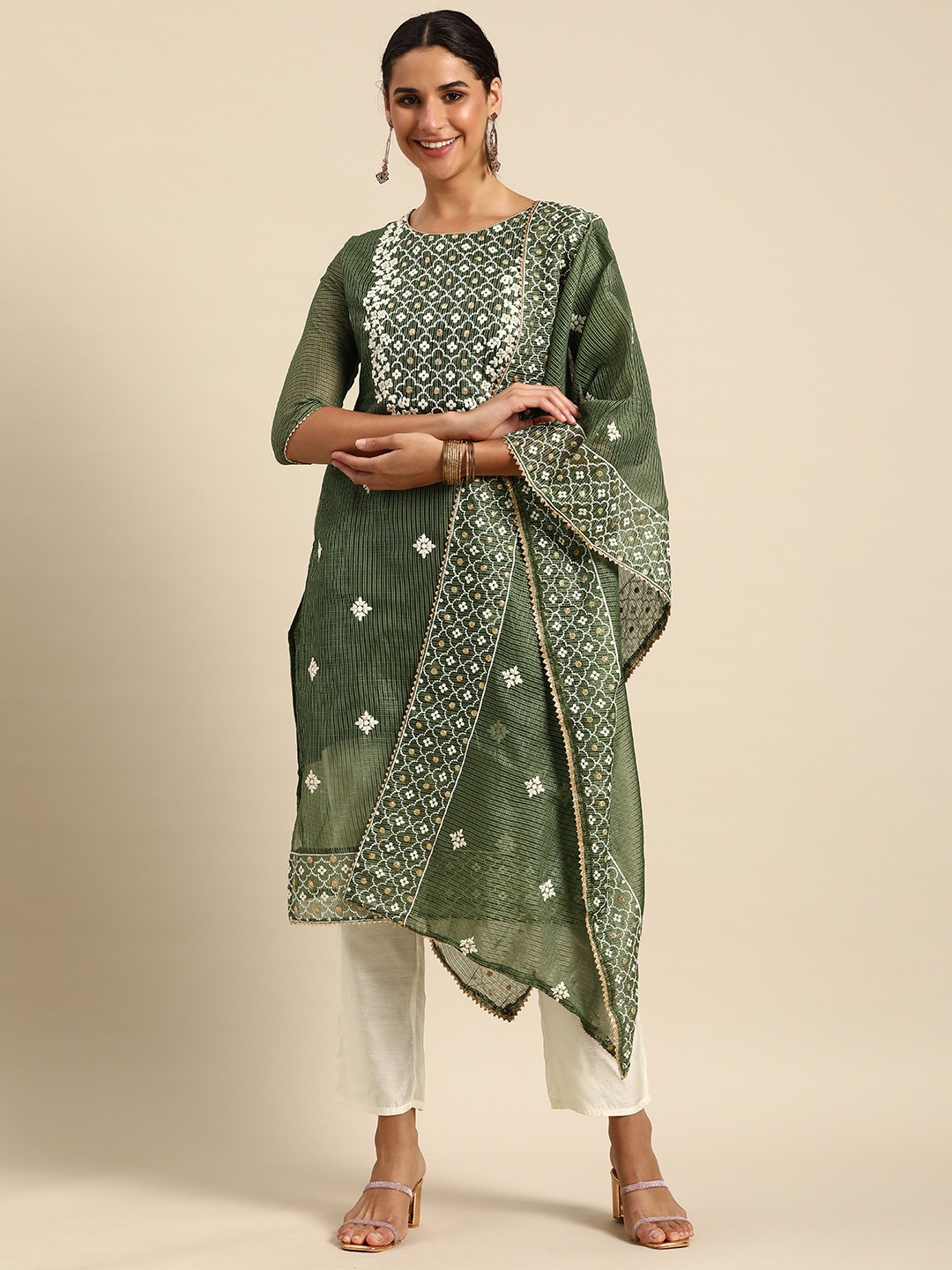 

Sangria Ethnic Motifs Embroidered Thread Work Kurta With Trousers & Dupatta, Green