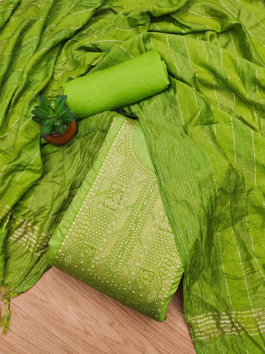 

KALINI Woven Design Art Silk Unstitched Dress Material, Green