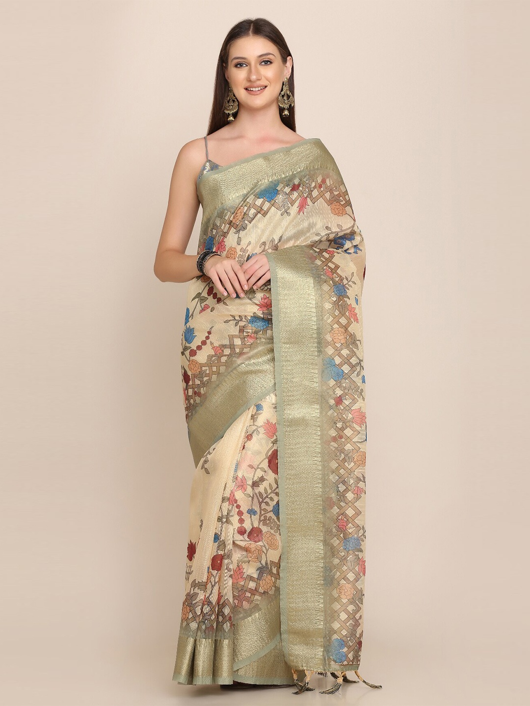 

Kaizen TEXO FAB Floral Motifs Printed Zari Linen Saree, Beige