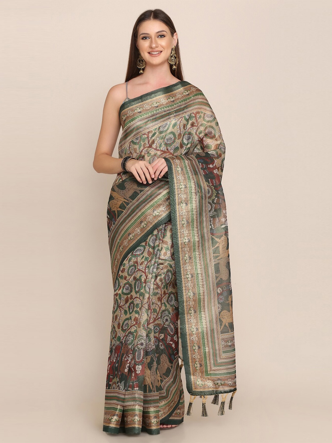 

Kaizen TEXO FAB Floral Motifs Printed Zari Linen Saree, Beige