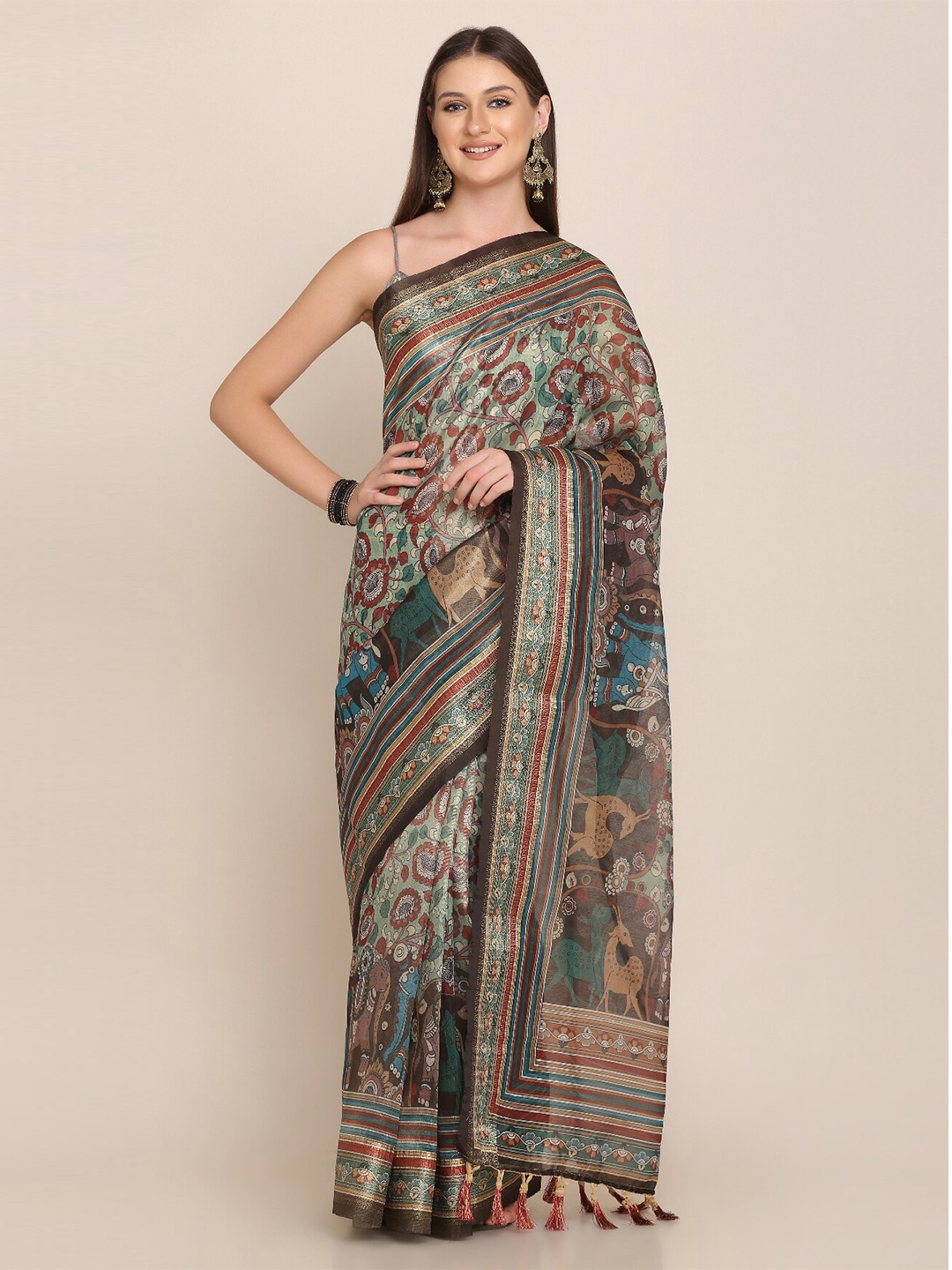 

Kaizen TEXO FAB Floral Motifs Printed Zari Linen Saree, Brown