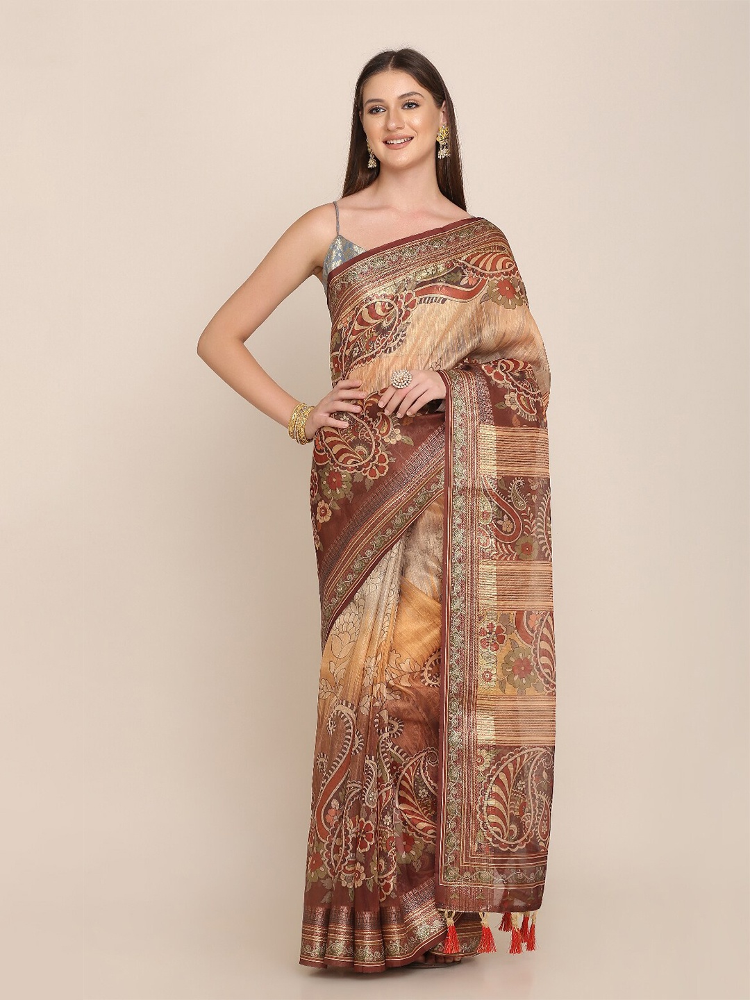 

Kaizen TEXO FAB Floral Motifs Printed Zari Linen Saree, Brown