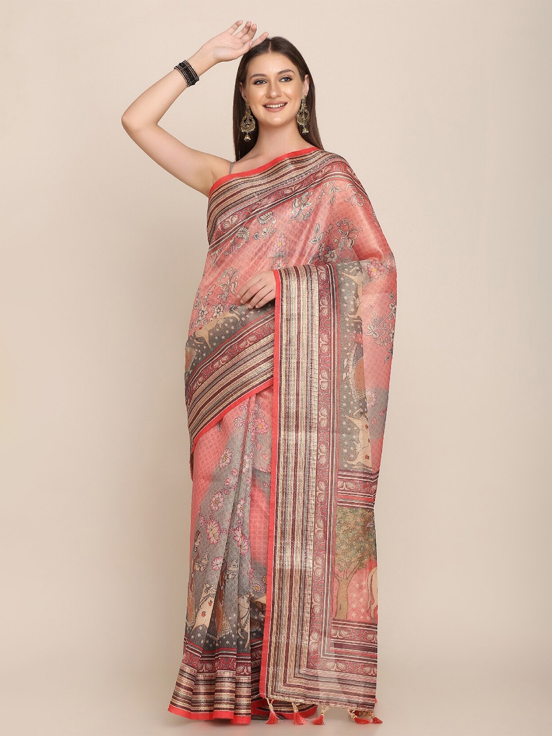

Kaizen TEXO FAB Floral Motifs Printed Zari Linen Saree, Grey