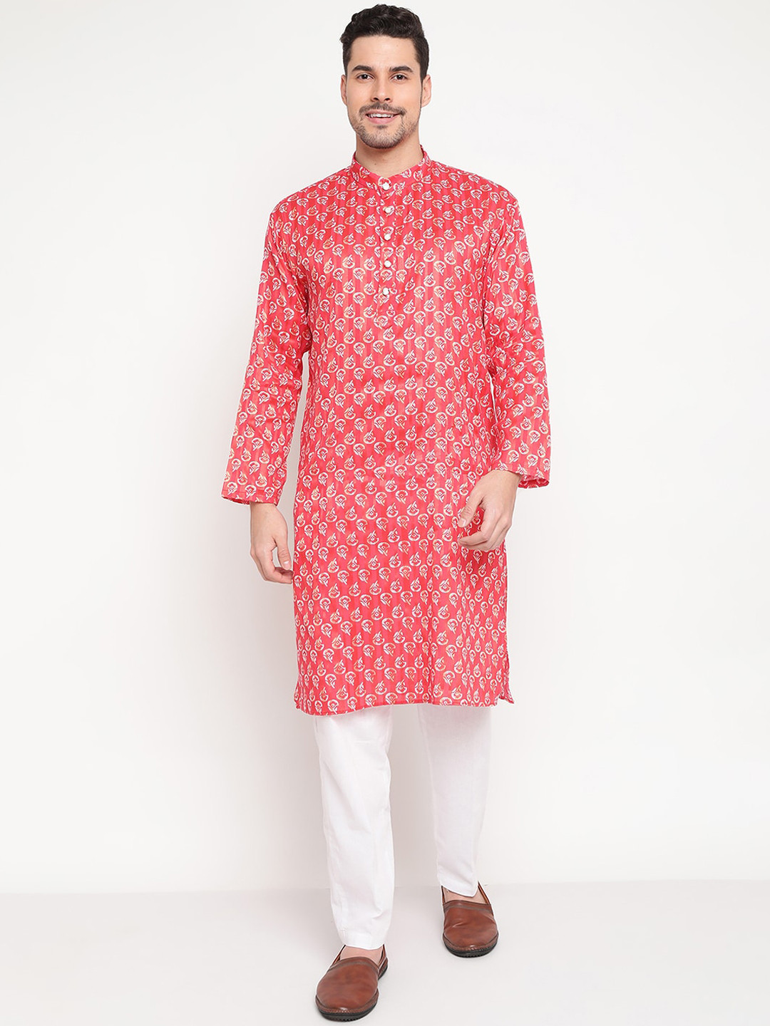 

Kannan Mandarin Collar Floral Printed Straight Kurta with Trousers, Red