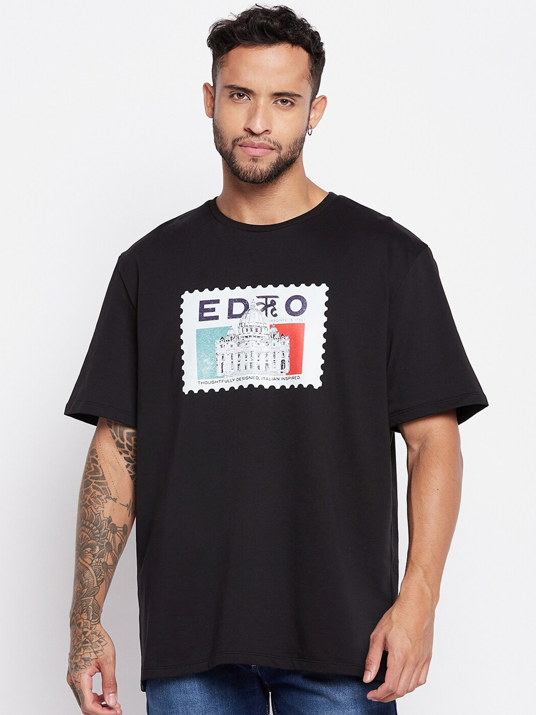 

EDRIO Typography Printed Cotton Relaxed Fit T-shirt, Black