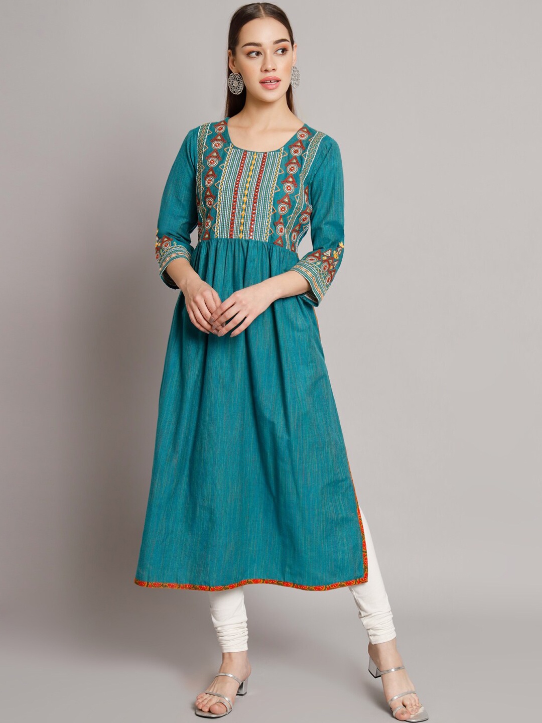 

PREKSHA Ethnic Motif Yoke Design Pure Cotton Mirror Work A-Line Kurta, Turquoise blue