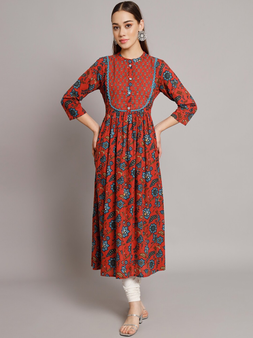 

PREKSHA Floral Printed Band Collar Thread Work Anarkali Pure Cotton Kurta, Red