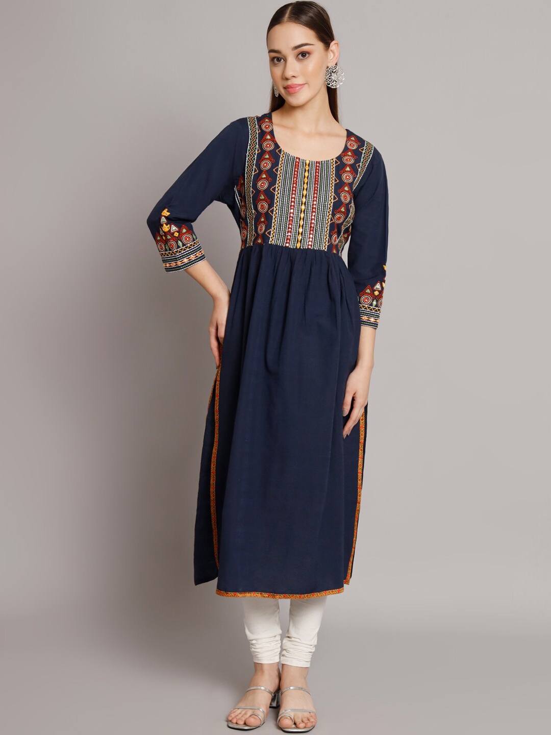 

PREKSHA Ethnic Motif Yoke Design Pure Cotton Mirror Work A-Line Kurta, Navy blue