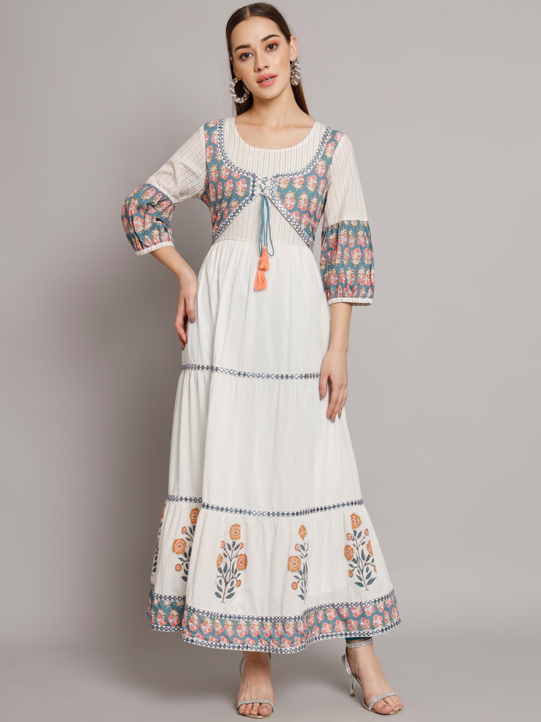 

PREKSHA Floral Printed Puff Sleeves Mirror Work Pure Cotton Anarkali Kurta, White