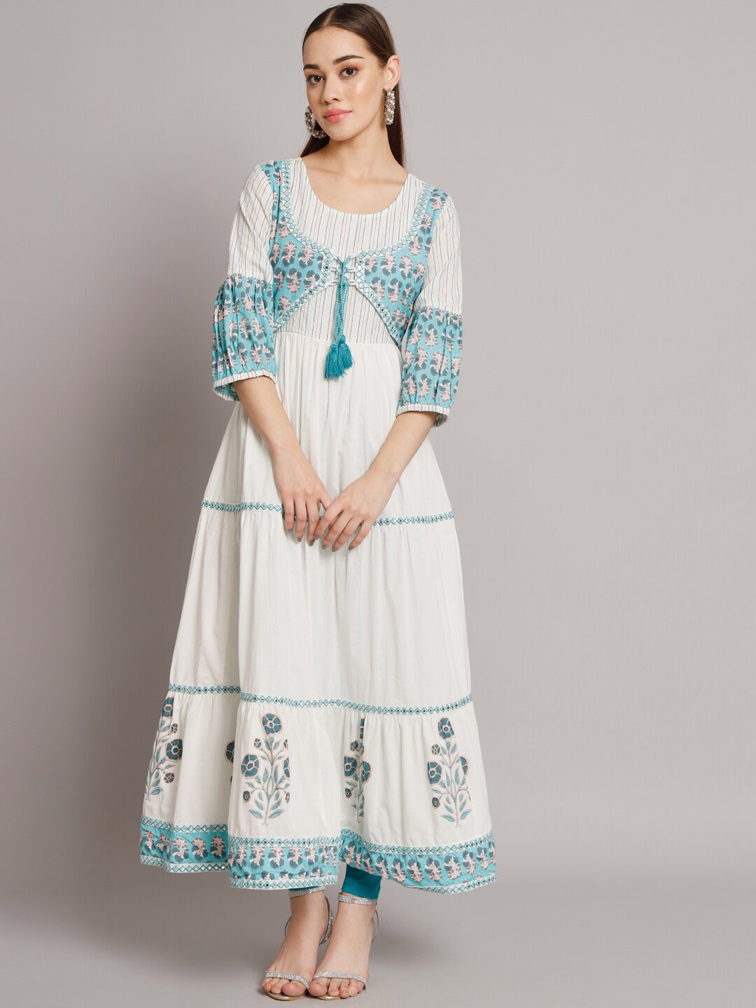 

PREKSHA Floral Printed Puff Sleeves Mirror Work Pure Cotton Anarkali Kurta, White