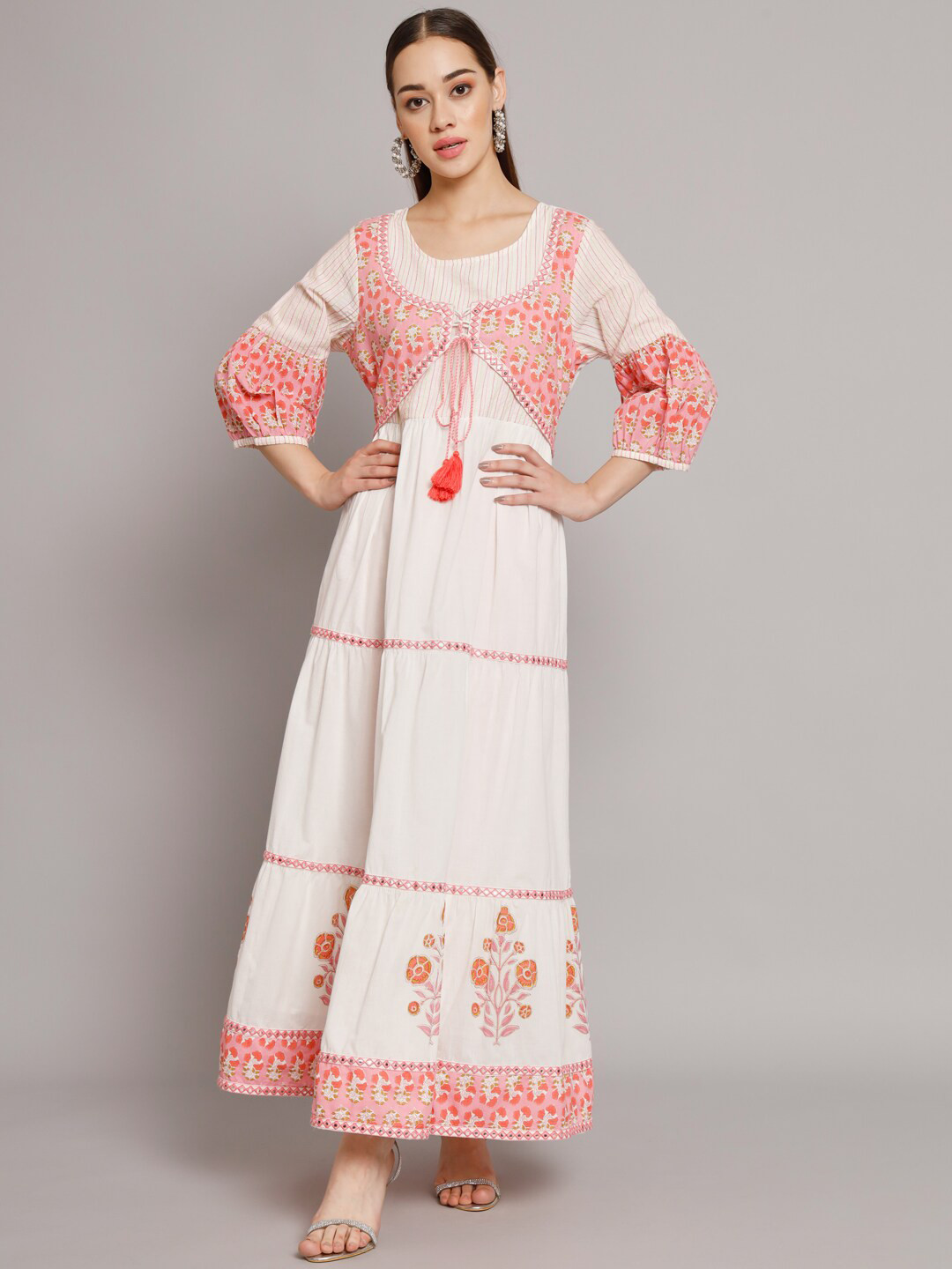 

PREKSHA Floral Printed Puff Sleeves Mirror Work Pure Cotton Anarkali Kurta, Peach