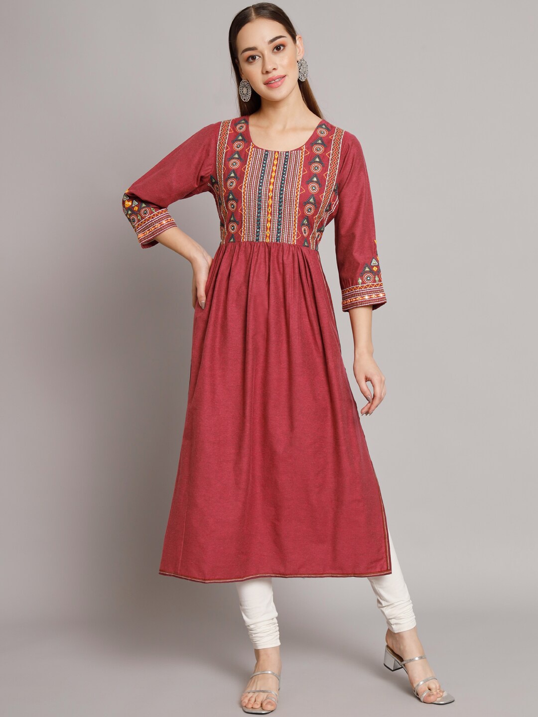 

PREKSHA Ethnic Motif Yoke Design Pure Cotton Mirror Work A-Line Kurta, Red