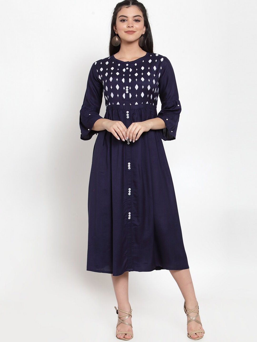 

Miaz Lifestyle Geometric Embroidered Bell Sleeves Fit & Flare Midi Dress, Navy blue