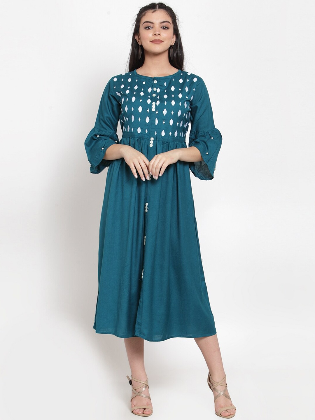 

Miaz Lifestyle Geometric Embroidered Bell Sleeves Fit & Flare Midi Dress, Teal