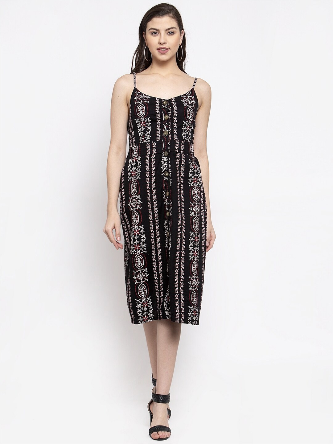 

Miaz Lifestyle Floral Embroidered Cotton Fit & Flare Midi Dress, Black