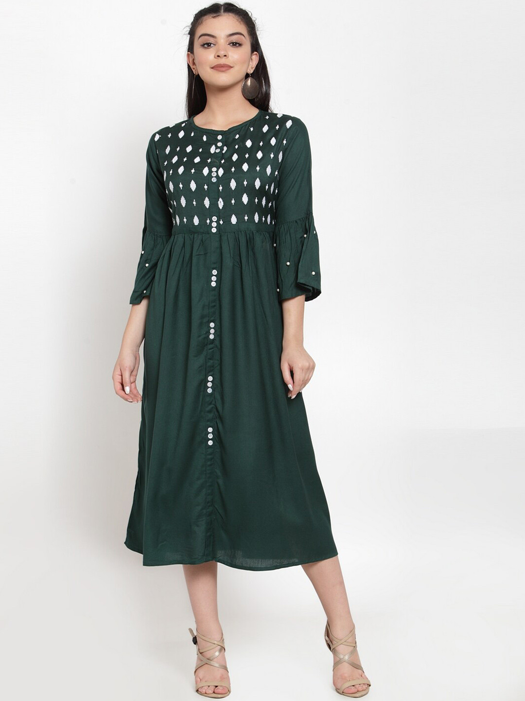 

Miaz Lifestyle Geometric Embroidered Bell Sleeves Fit & Flare Midi Dress, Green