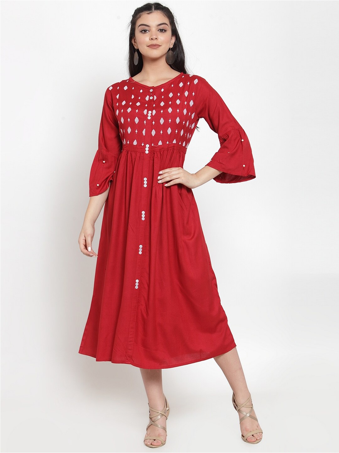 

Miaz Lifestyle Geometric Embroidered Fit & Flare Midi Dress, Red