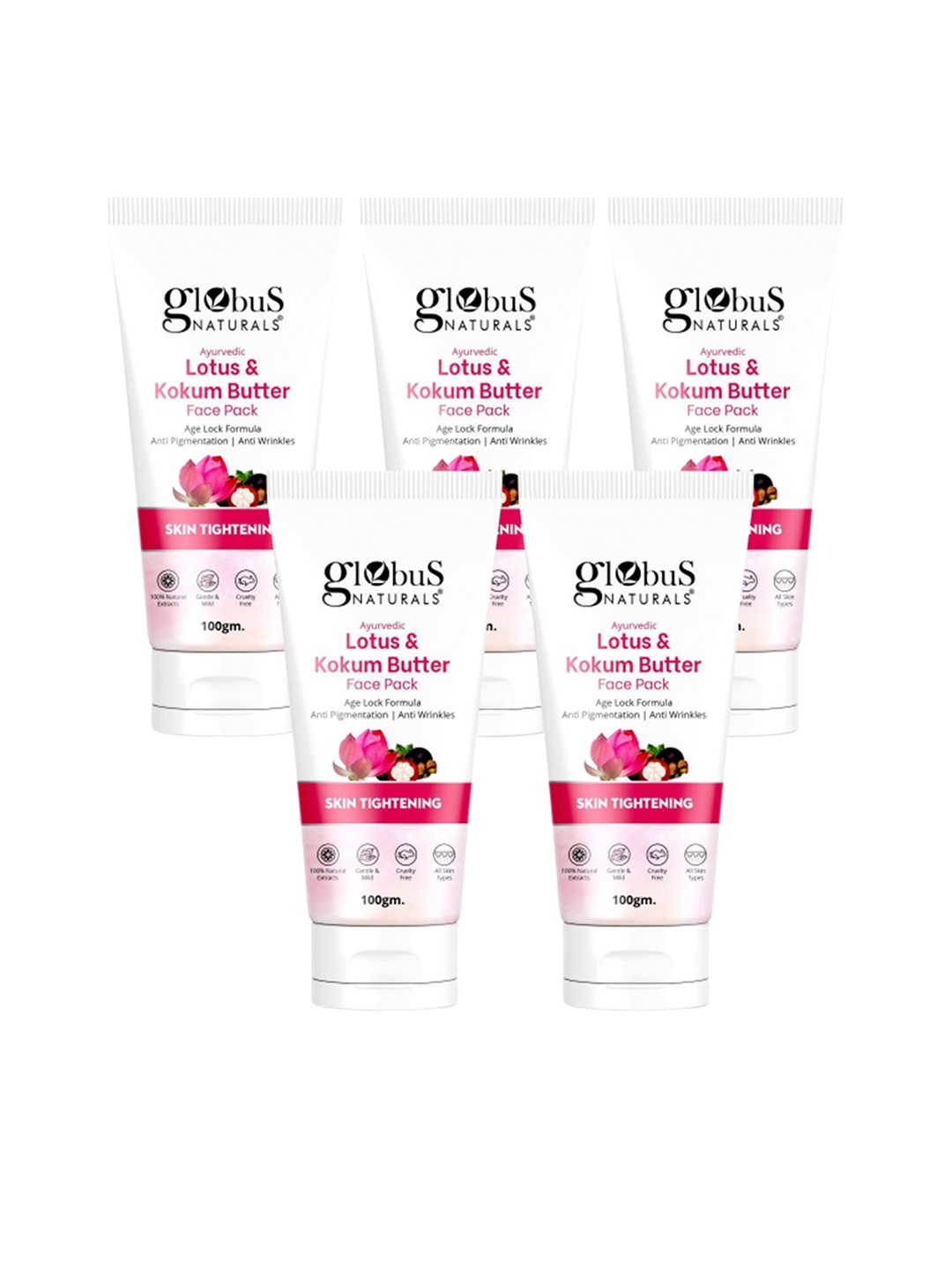 

Globus naturals Set Of 5 Lotus & Kokum Butter Face Pack For Anti-Ageing & Skin Lightening - 100 gm Each, White