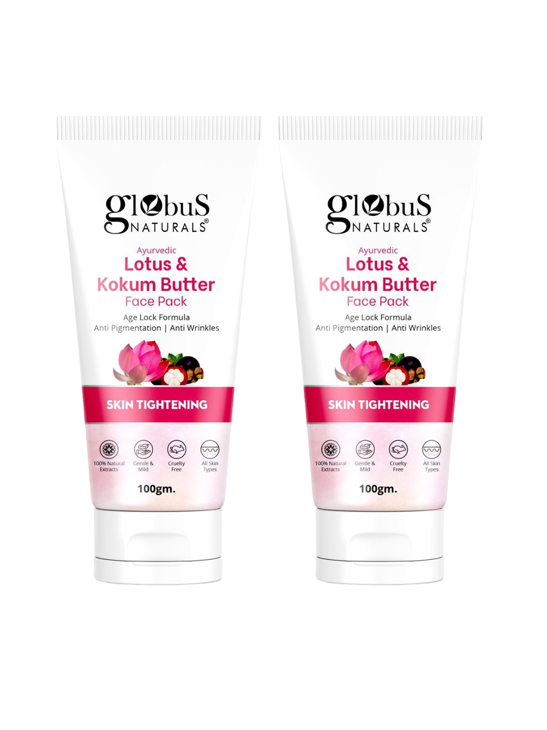 

Globus naturals Ayurvedic Set Of 2 Lotus & Kokum Butter Face Pack For Anti-Ageing & Skin Lightening - 100 gm Each, White