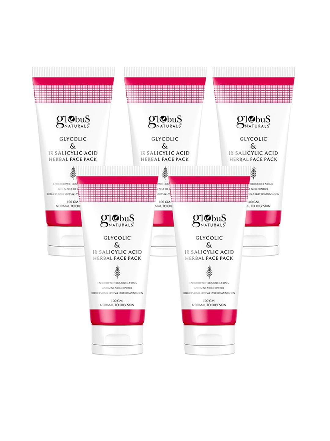 

Globus naturals Set Of 5 Anti Acne Glycolic & 1 % Salicylic Acid Face Pack - 100 gm Each, White