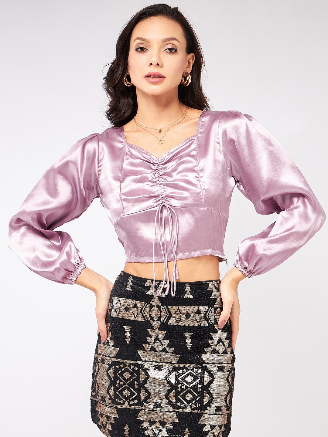 

Zima Leto Sweetheart Neck Long Puff Sleeves Ruched Satin Crop Top, Lavender