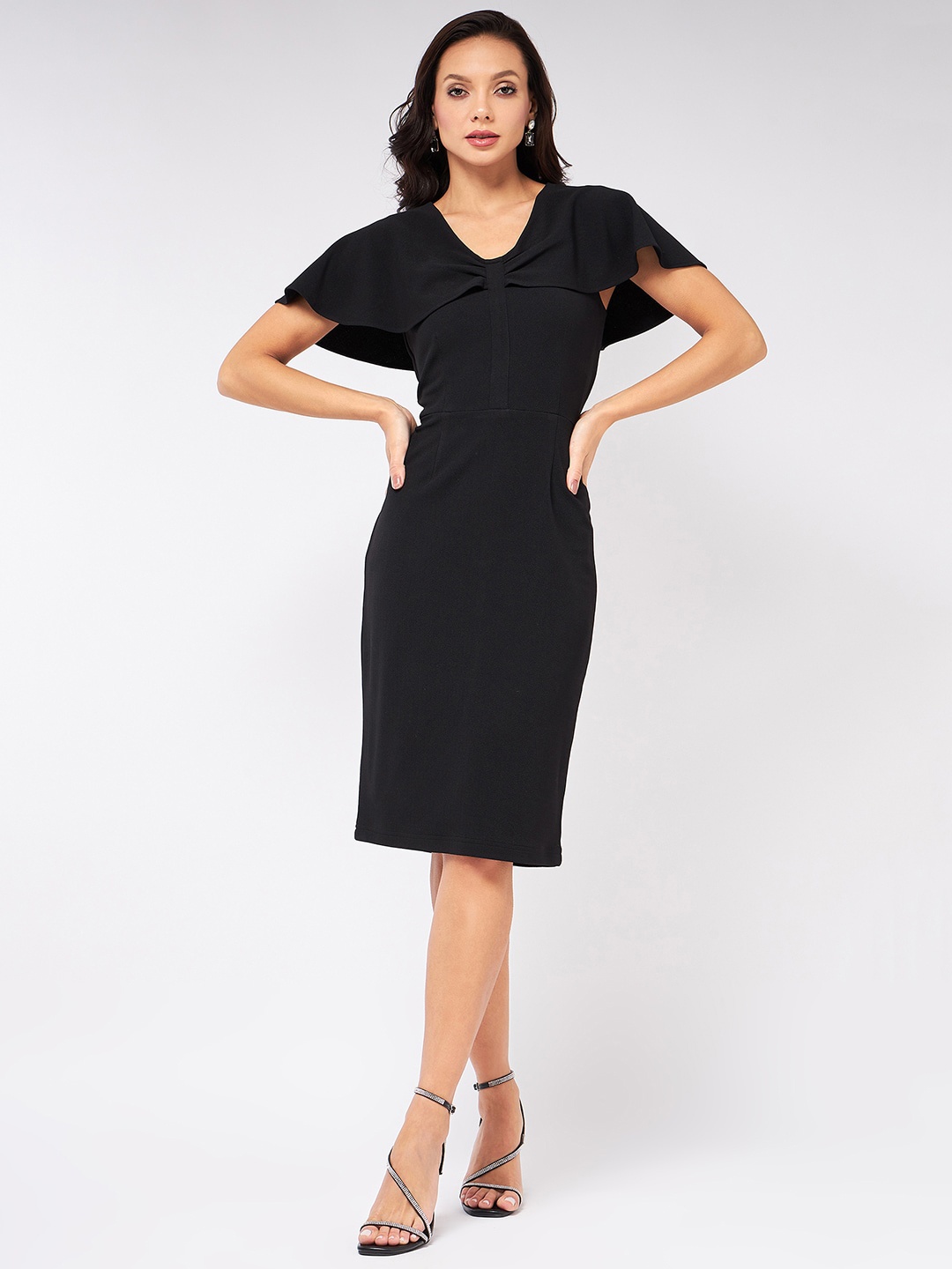

Zima Leto V-Neck Cape Sleeve Sheath Dress, Black