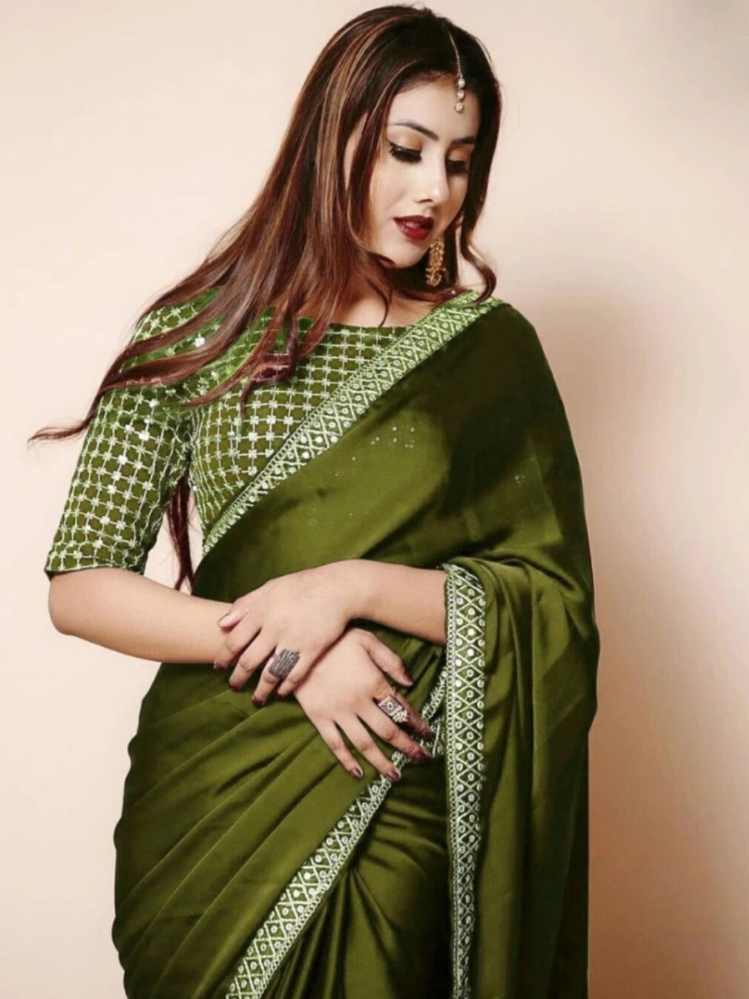 

ORUS Embroidered Silk Blend Saree, Green