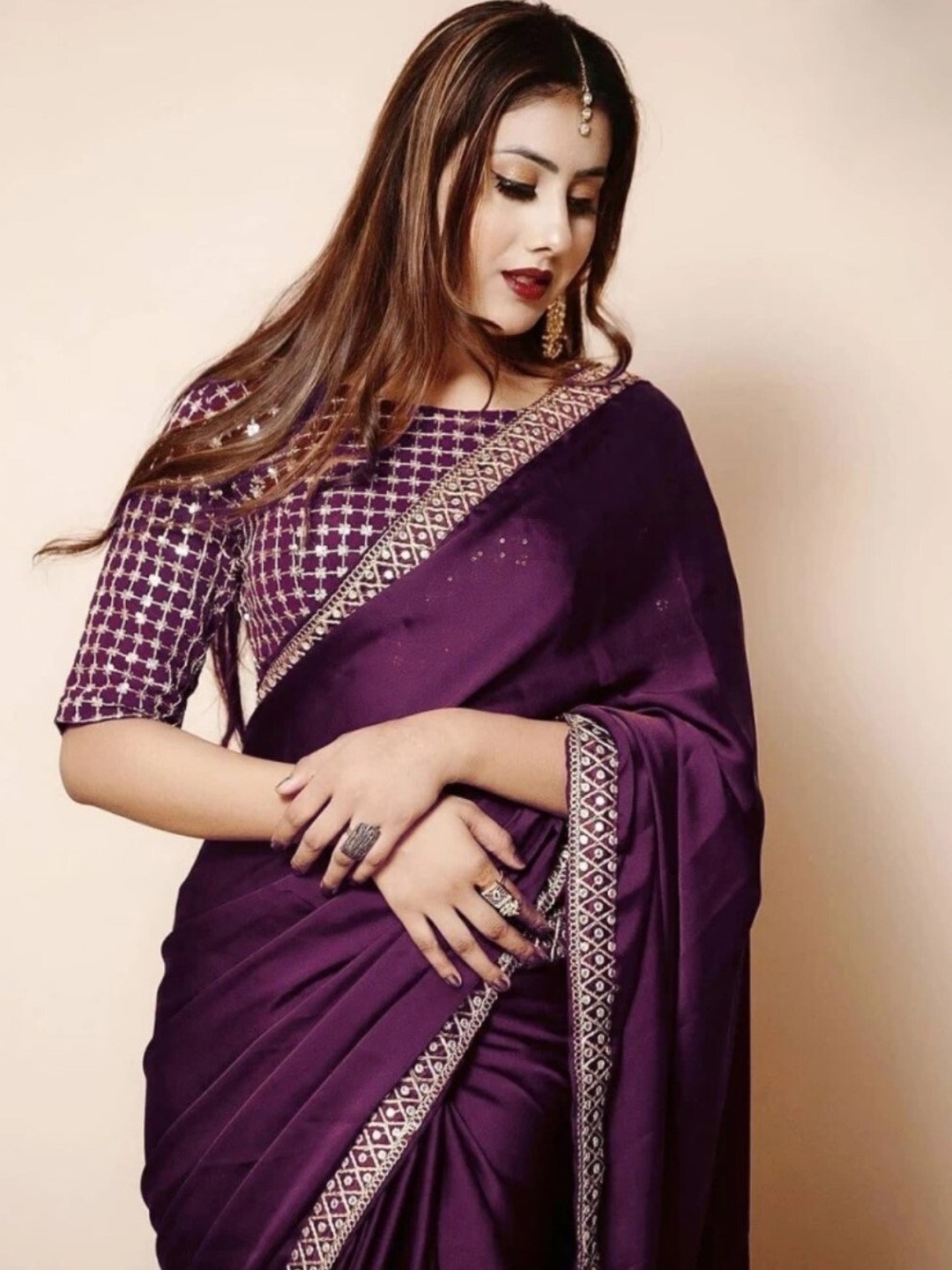 

ORUS Embroidered Silk Blend Saree, Purple