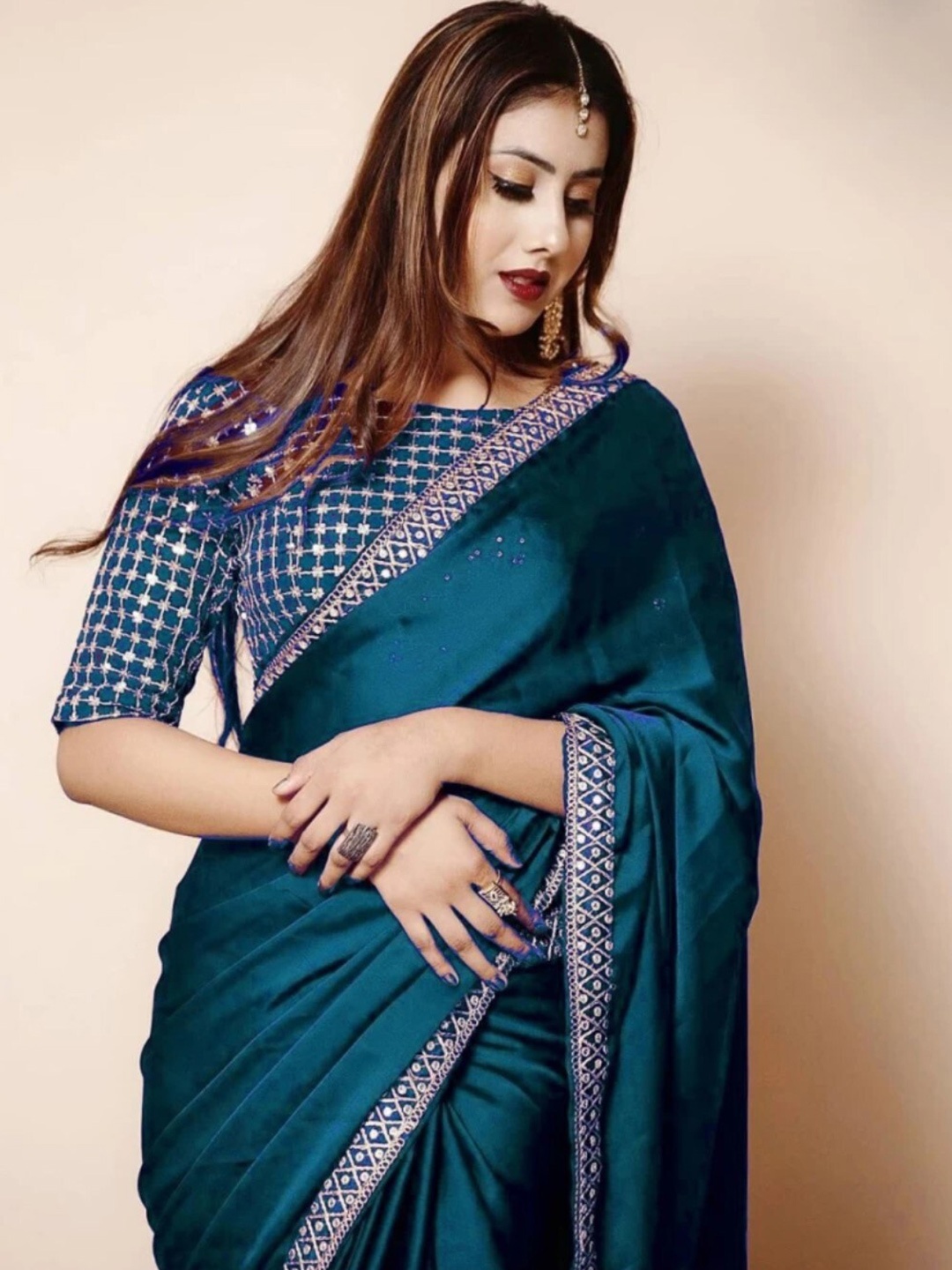 

ORUS Embroidered Silk Blend Saree, Teal