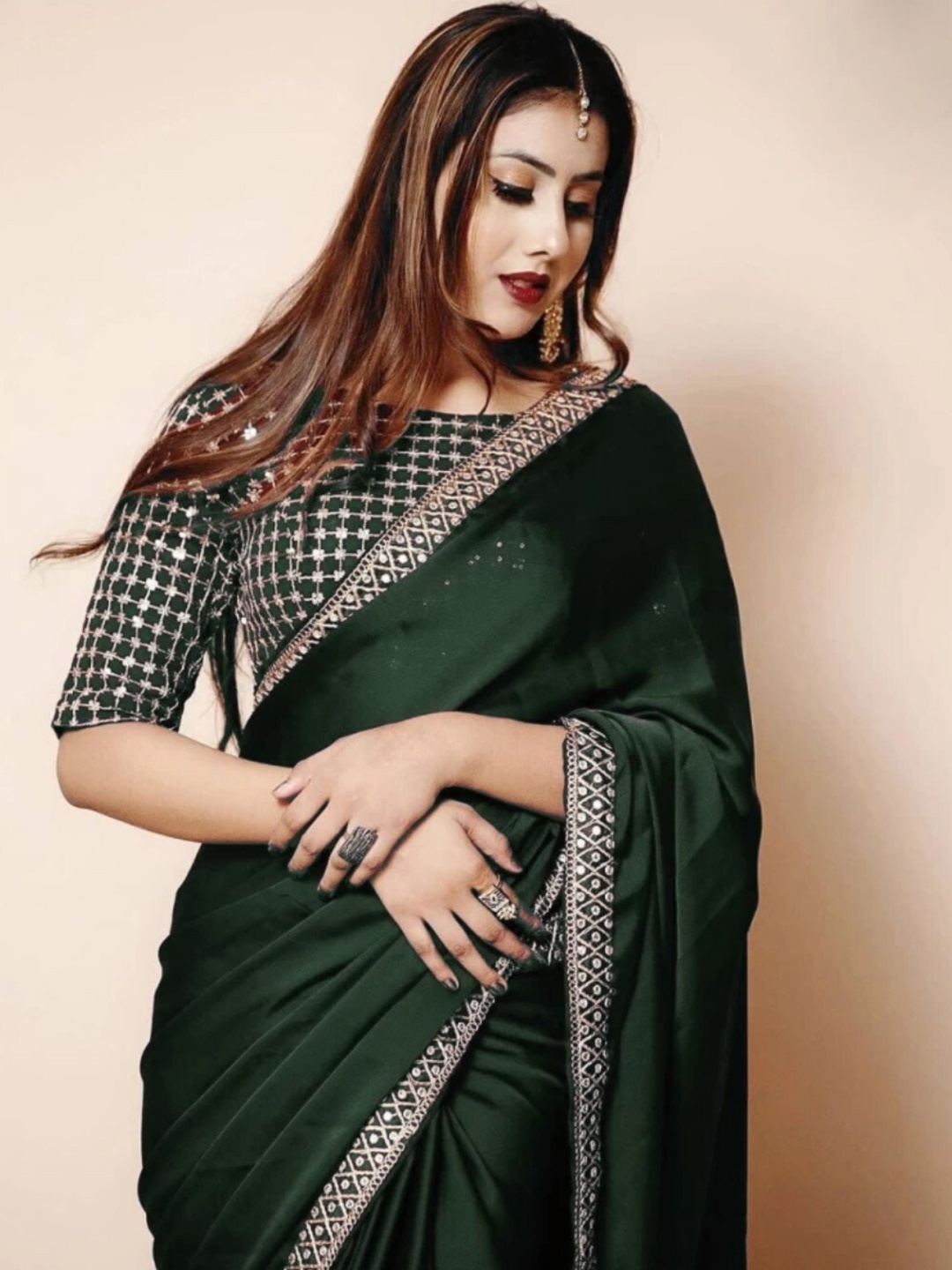 

ORUS Embroidered Silk Blend Saree, Green