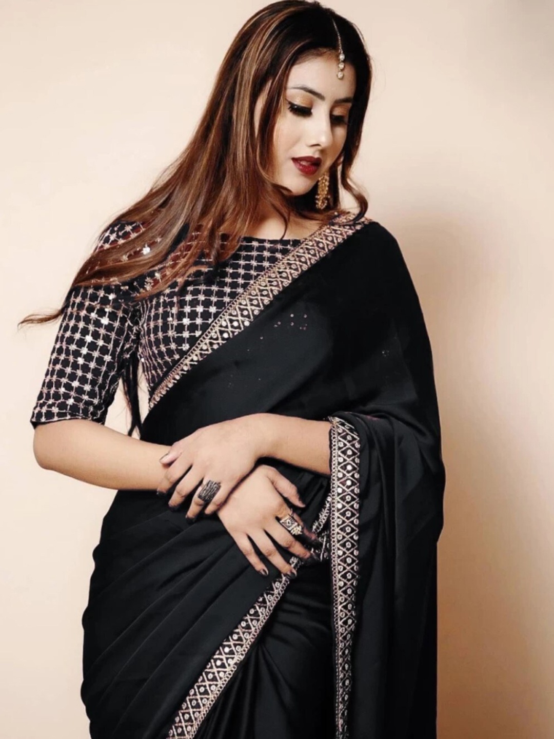 

ORUS Embroidered Silk Blend Saree, Black