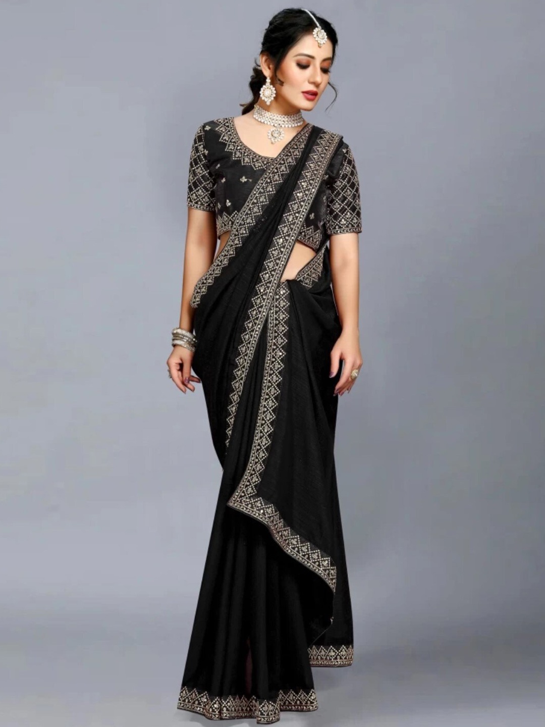 

ORUS Embroidered Silk Blend Saree, Black