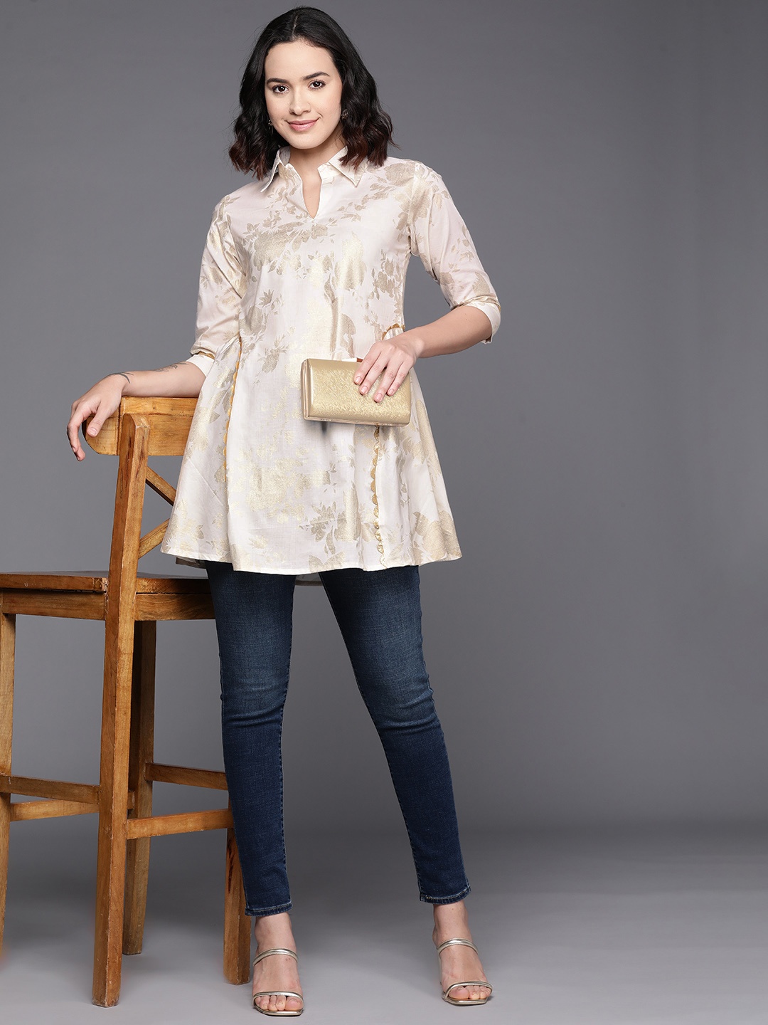 

Ahalyaa Floral Printed Shirt Collar Cotton Tunic With Lace Inserts Detail, Off white