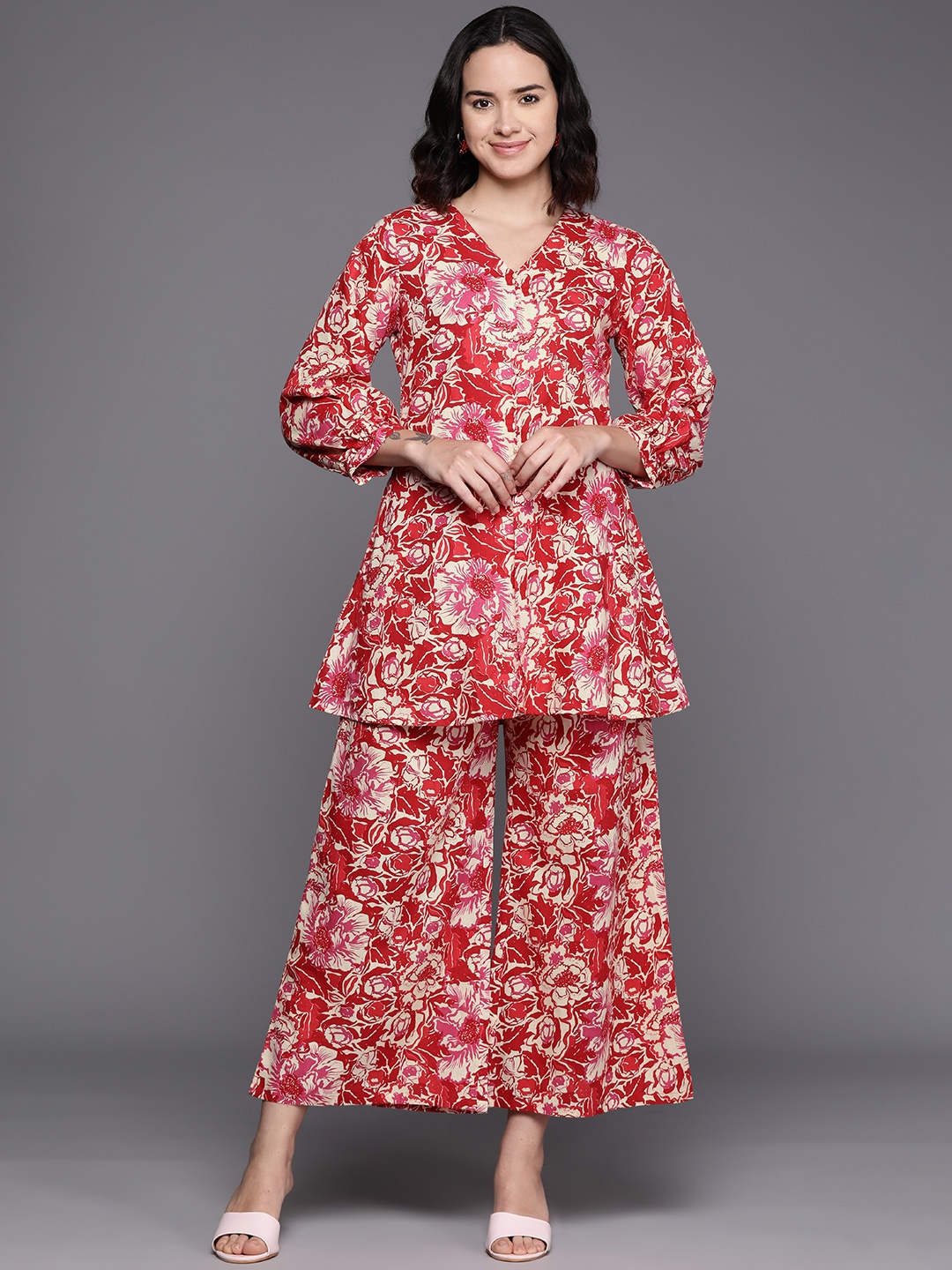 

Ahalyaa Printed Pure Cotton Tunic With Palazzos, Red