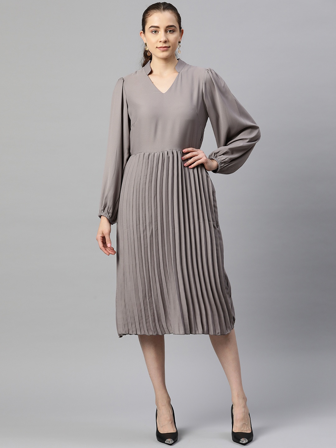 

plusS Puff Sleeves Accordian Pleated A-Line Midi Dress, Grey
