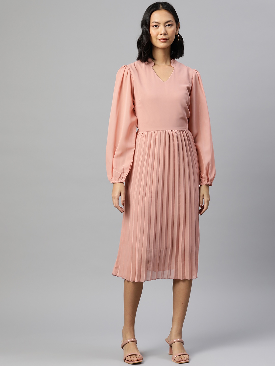 

plusS Solid Puff Sleeve A-Line Midi Dress, Pink