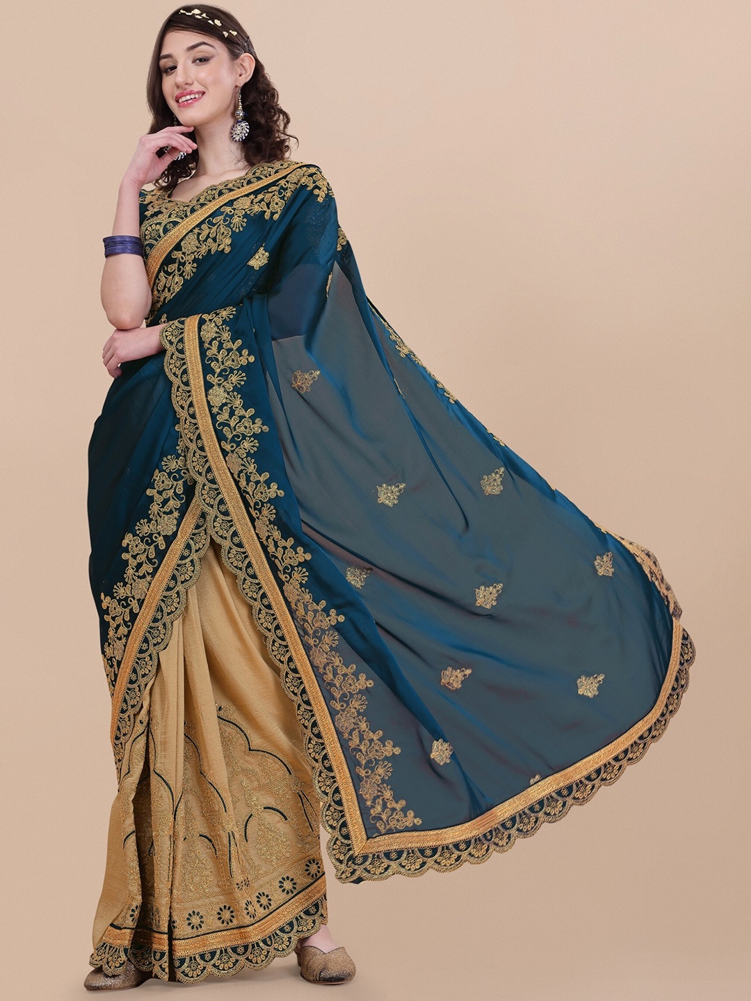 

Vaidehi Fashion Floral Embroidered Silk Blend Saree, Navy blue