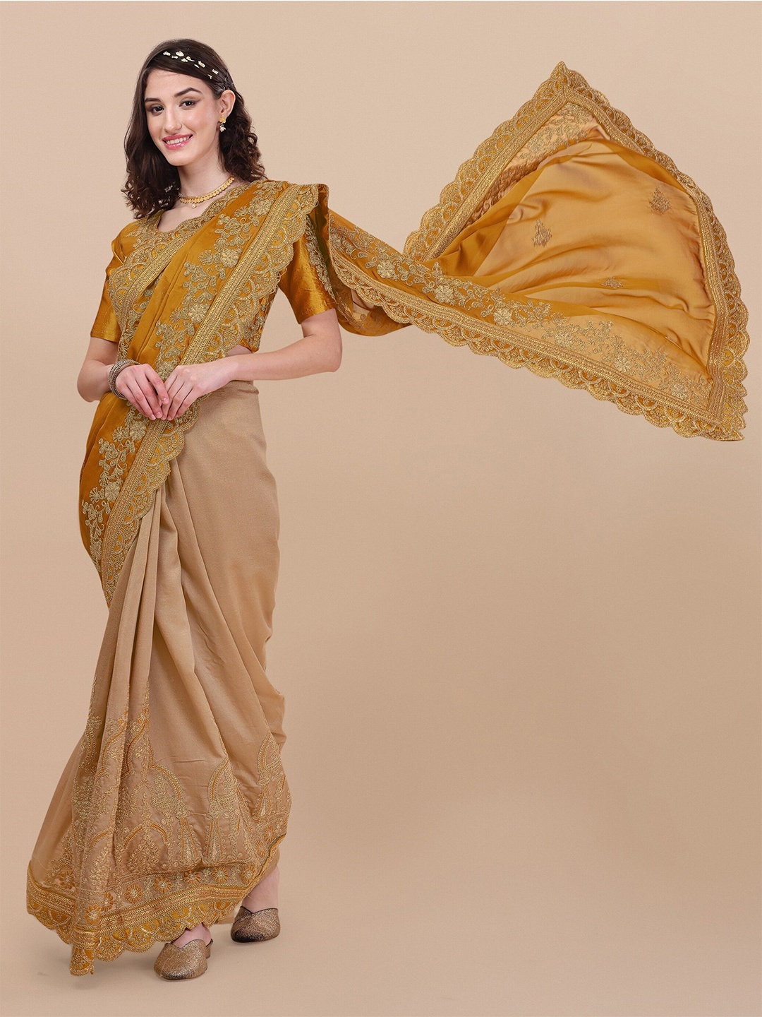 

Vaidehi Fashion Ethnic Motifs Embroidered Silk Blend Saree, Beige