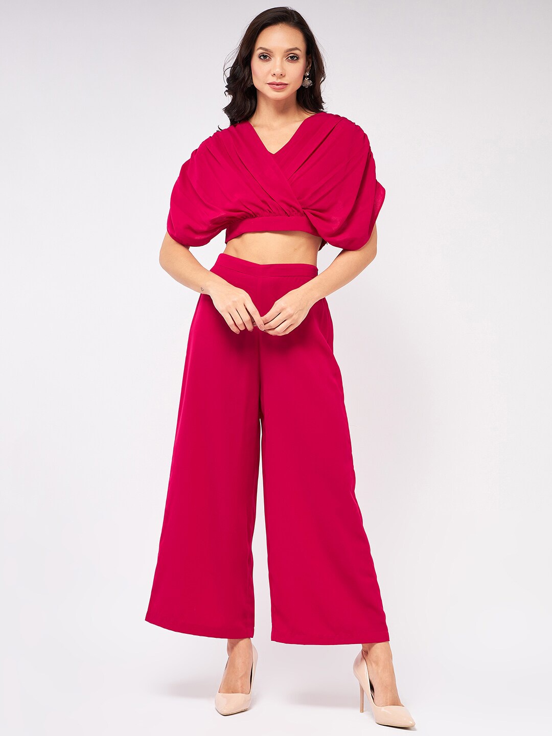 

Zima Leto Extended Sleeves Pleated Crop Top With Trousers, Fuchsia