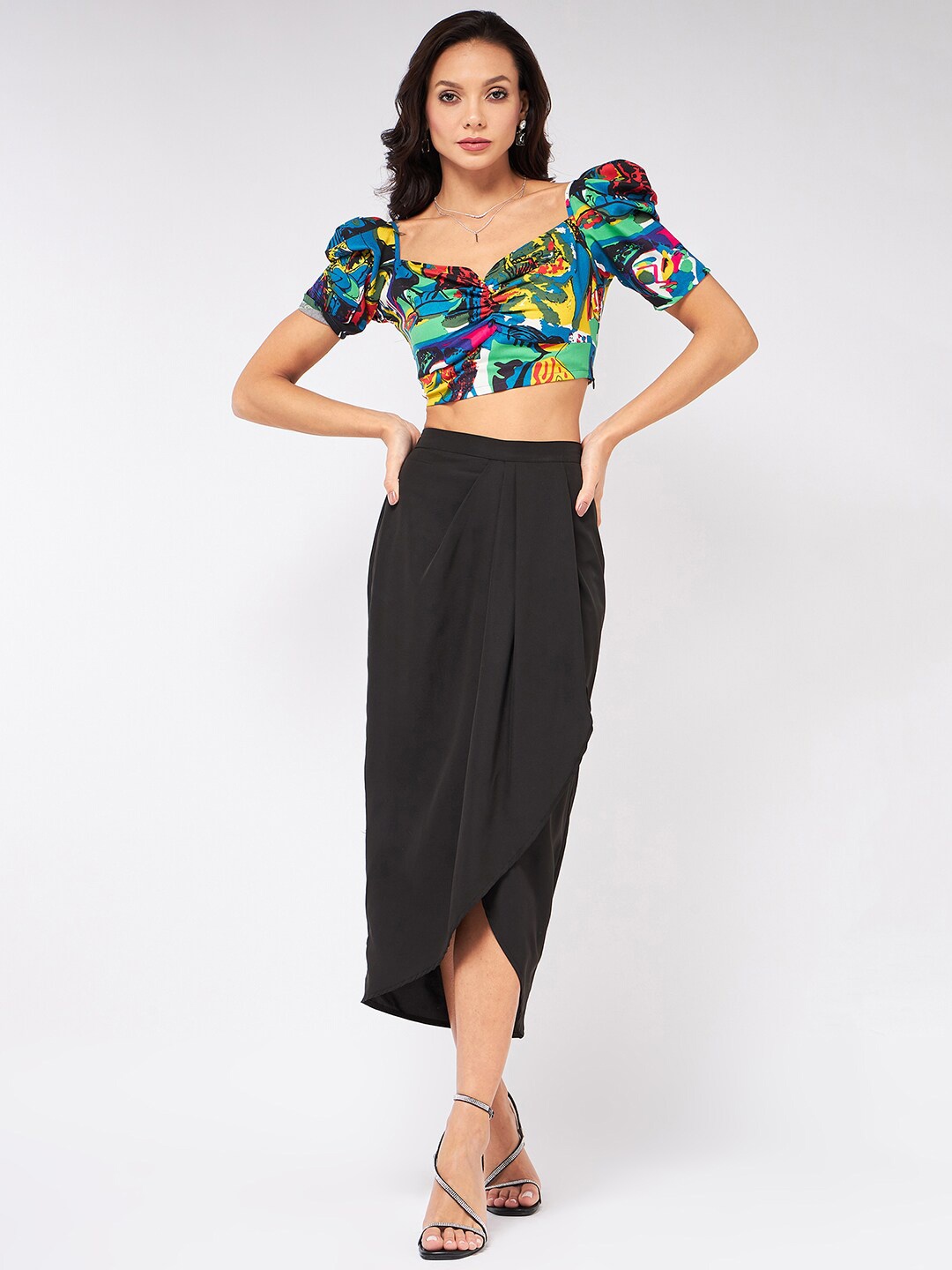 

Zima Leto Abstract Printed Top with Dhoti Skirt, Green