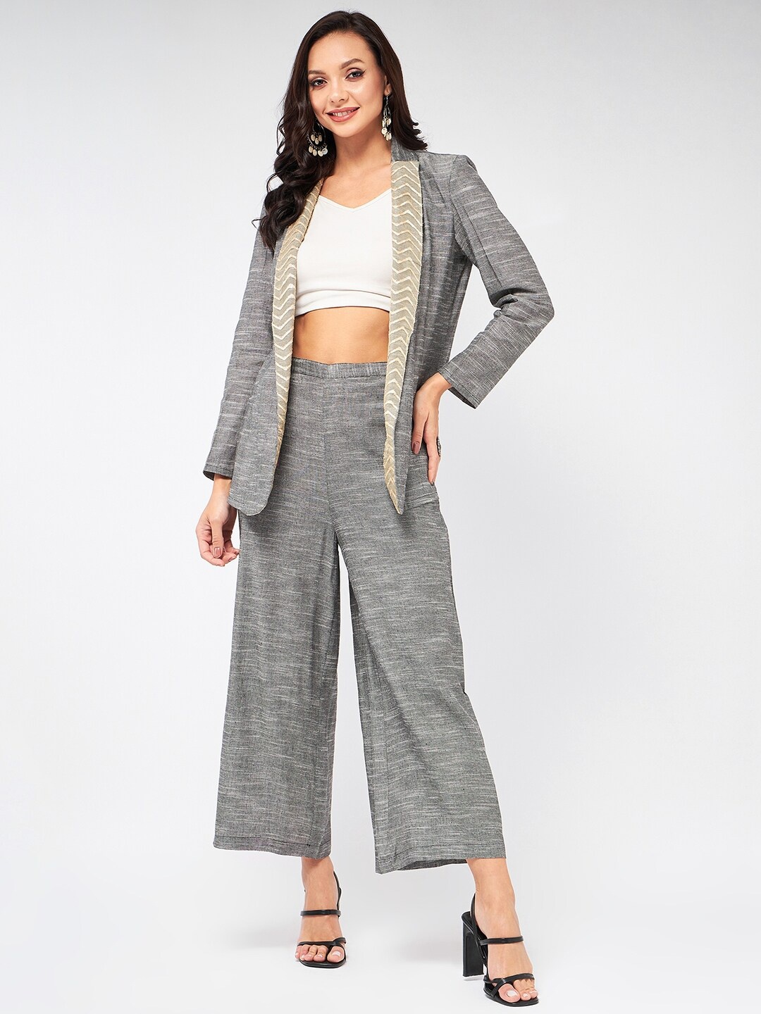 

Zima Leto Self Design Shawl Collar Coat With Trousers, Grey